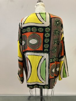 Womens, Jacket, PLATINUM, S, Beige/Black/Green/Yellow/Orange/Brown Primitive Painted Geometric Print Rayon, V-N, 2 Snap Close Front, Shoulder Pads, L/S, Oversized
