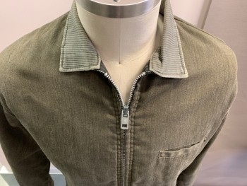 Mens, Jacket, NL, Olive Green, Cotton, Heathered, 42, Twill, Zip Front, 3 Pockets, Sage Chord Collar,