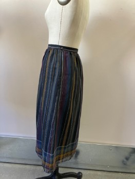 Womens, 1980s Vintage, Skirt, RICHARD ASSATLY, Black, Blue, Mustard Yellow, White, Red, Polyester, Stripes - Vertical , W:24, Sheer, Fully Lined, Side Zip, Gathers From Waistband, Stripes Become A Line Plaid At Hem Border