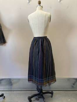 Womens, 1980s Vintage, Skirt, RICHARD ASSATLY, Black, Blue, Mustard Yellow, White, Red, Polyester, Stripes - Vertical , W:24, Sheer, Fully Lined, Side Zip, Gathers From Waistband, Stripes Become A Line Plaid At Hem Border