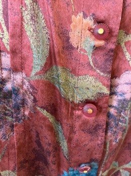 NL, Brown, Taupe, Tan Brown, Olive Green, Teal Blue, Silk, Floral, B.F., V-N, No Collar, Pin Tuck Pleating Detail Front, L/S, Burgundy Bttns with Gold Center