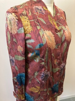 NL, Brown, Taupe, Tan Brown, Olive Green, Teal Blue, Silk, Floral, B.F., V-N, No Collar, Pin Tuck Pleating Detail Front, L/S, Burgundy Bttns with Gold Center