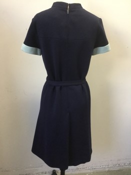 SAKS FIFTH AVENUE, Navy Blue, Aqua Blue, Wool, Color Blocking, Stand Collar, Short Sleeves, Double Knit, Applique Detail Center Front, and Sleeve Cuffs, Belt Loops, MATCHING BELT, Sheath, Mary Quant, Sheath, Back Zipper,