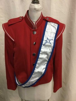 Unisex, Marching Band, Jacket/Coat, FRUHAUF UNIFORMS, Red, Silver, Polyester, Solid, 40L, Red Gabardine, Zip and Snap Front, Faux Buttons, Epaulets, Shoulders Edged with Silver, Can Also Rent with It Separately Silver and Blue Star Sash See Photo Attached,  Or Red White and Blue Star Front Rented Separately See Photo Attached, Multiples