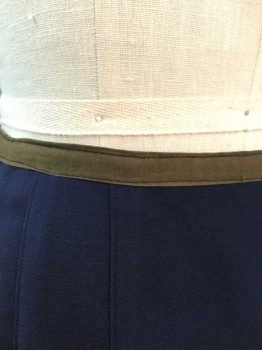 N/L, Navy Blue, Olive Green, Wool, Solid, Lightweight Navy Wool, 1/2" Wide Olive Waistband, Gored Panels with Pintucked Edges, These Merge Into Pleats From Knee Level To Hem, Center Back Hook & Eye Closures, Floor Length Hem, Made To Order,