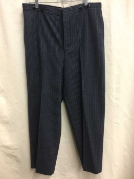 NO LABEL, Navy Blue, White, Wool, Heathered, Stripes, Flat Front, Button Fly, Suspender Buttons, Back Adjustable Buckle,