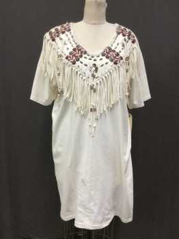 RISKY, White, Cotton, Beaded, Jersey T-Shirt Dress, Native American/Southwestern Inspired Beadwork And Self Frayed Trim At Shoulders, S/S, Hem Above Knee