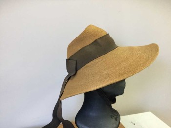 Womens, Hat, The May Co., Caramel Brown, Chocolate Brown, Straw, Silk, Caramel Straw Floppy Wide Brim Hat, Wide Chocolate Grosgrain Ribbon/Bow Hat Band, Elastic Chocolate Chin Strap