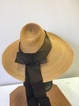 Womens, Hat, The May Co., Caramel Brown, Chocolate Brown, Straw, Silk, Caramel Straw Floppy Wide Brim Hat, Wide Chocolate Grosgrain Ribbon/Bow Hat Band, Elastic Chocolate Chin Strap