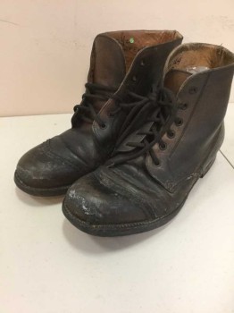 Mens, Boots 1890s-1910s, N/L, Dk Brown, Leather, 9.5, Ankle Boot, Cap Toe, Lace Up, Aged/Distressed,
