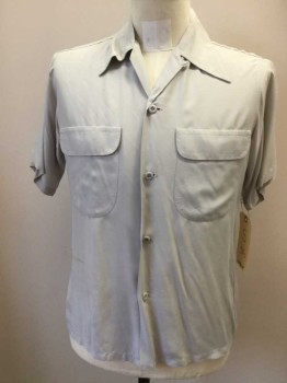 Mens, Casual Shirt, ARROW, Dove Gray, Rayon, Solid, S, Button Front, Short Sleeves, 2 Flap Pockets, Open Collar, Light Brown Stain Right Waist, Small Hole Right Shoulder Seam