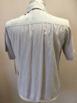 ARROW, Dove Gray, Rayon, Solid, Button Front, Short Sleeves, 2 Flap Pockets, Open Collar, Light Brown Stain Right Waist, Small Hole Right Shoulder Seam