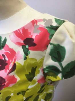 Womens, Dress, Short Sleeve, DONNA RICCO, Multi-color, Cream, Black, Yellow, Coral Pink, Polyester, Floral, 6, Cream with Black, Yellow, Coral, Green, Fuchsia Painted Flowers Print, Cap Sleeves, Scoop Neck, Princess Seams, Knee Length, Solid Black Smocked Panel at Center Back Waist