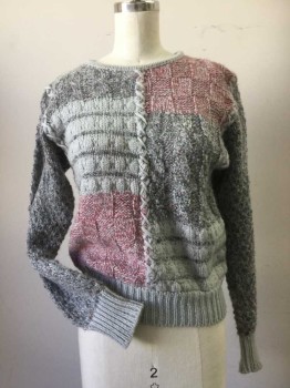 Womens, Sweater, GINENNE, Gray, Rose Pink, Multi-color, Wool, Acrylic, Heathered, Cable Knit, S, Crew Neck, Long Sleeves, Assorted Knit Textures with Heathered Gray and Rose Patches with Flecks of Rainbow Color on Dark Gray Areas