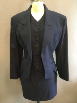 Womens, 1990s Vintage, Suit, Jacket, NORMA KAMALI, Navy Blue, Gray, Wool, Stripes - Pin, B:38, 6, Single Breasted, 1 Button, Peak Lapel, Tailcoat Like Appearance with Longer Hem In Back, Padded Shoulders,