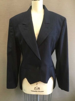 Womens, 1990s Vintage, Suit, Jacket, NORMA KAMALI, Navy Blue, Gray, Wool, Stripes - Pin, B:38, 6, Single Breasted, 1 Button, Peak Lapel, Tailcoat Like Appearance with Longer Hem In Back, Padded Shoulders,