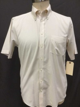 Mens, Casual Shirt, STAFFORD, Cream, Poly/Cotton, Solid, Oxford Weave, N: 16, C.A., Button Down Collar, B.F., S/S, 1 Chest Patch Pckt