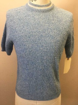 Mens, Sweater, BRENT, Lt Blue, White, Acrylic, Heathered, S, Pullover, Crew Neck, Short Sleeves, White Band Stripe Around Neck, Rib Knit Collar/ Cuff/ Waistband, Double, See FC020398