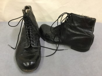 N/L, Black, Leather, Cotton, Solid, Ankle High, Lacing/Ties, Cap Toe, Smooth Texture, Fabric Lined,