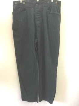 CLASSIC OLD WEST STY, Charcoal Gray, Lt Gray, Blue, Cotton, Stripes - Pin, Charcoal/Faded Black with Light Gray and Blue Dashed Pinstripes, Twill, Button Fly, 2 Front Pockets, Belted Back, Reproduction "Old West" Wear  **Hole Near Hem,