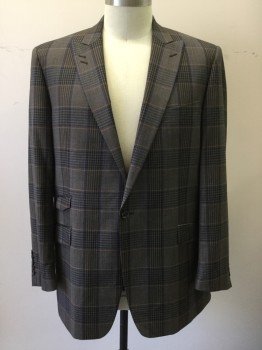 Mens, Suit, Jacket, TIGLIO ROSSO, Lt Brown, Brown, Black, Navy Blue, Orange, Wool, Plaid, 48L, Single Breasted, Collar Attached, Peaked Lapel, 4 Pockets, 1 Button