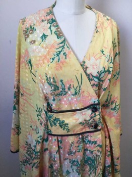Womens, Robe, MTO, Yellow, Coral Orange, Kelly Green, Black, Polyester, Floral, S, Poly Jacquard, Cross Over Double Breasted, V-neck, Black Bias Trim Edging