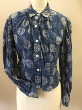 N/L, Blue, Cream, Cotton, Novelty Pattern, Peacock Feather Print, Button Front, Gathers at Collar Attached, Gathers at Shoulders and Button Cuffs on Long Sleeves, Fitted Through Waist,