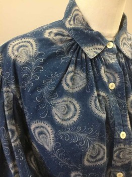 N/L, Blue, Cream, Cotton, Novelty Pattern, Peacock Feather Print, Button Front, Gathers at Collar Attached, Gathers at Shoulders and Button Cuffs on Long Sleeves, Fitted Through Waist,