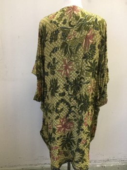 Womens, SPA Robe, O.K. MIKE, Olive Green, Beige, Pink, Black, Gray, Rayon, Floral, Color Blocking, O/S, Olive, Beige, Pink, Black, Gray Floral Color Block Print, Open Front, Bat-wing Short Sleeves, Uneven Hem, Triangle Yoke Back