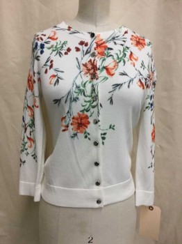 Womens, Sweater, KAREN MILLEN, White, Green, Orange, Brown, Blue, Synthetic, Floral, S, White with Green/ Orange/ Brown/ Blue Floral Print, Snap Front