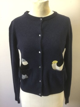 ORLA KIELY, Navy Blue, Oatmeal Brown, Black, Yellow, Lt Blue, Wool, Novelty Pattern, Navy Solid with Oatmeal, Black, Yellow and Light Blue Birds at Either Side, Both Peeking Out of Patch Pockets (One on Each Side, Clear Buttons at Front, Long Sleeves, Round Neck