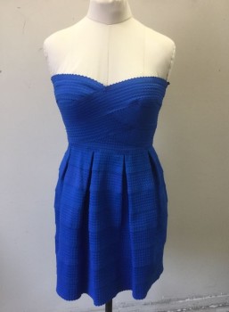 B. DARLIN, Blue, Polyester, Elastane, Solid, Cerulean Stretchy Elastic Horizontal Strips, with Scallopped Ribbed Texture, Strapless, Sweetheart Bust, Full Box Pleated Skirt, Knee Length