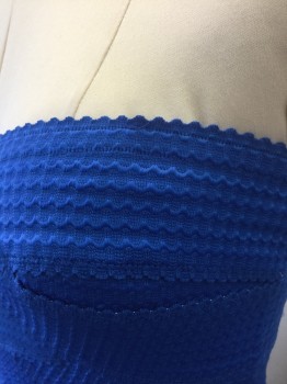B. DARLIN, Blue, Polyester, Elastane, Solid, Cerulean Stretchy Elastic Horizontal Strips, with Scallopped Ribbed Texture, Strapless, Sweetheart Bust, Full Box Pleated Skirt, Knee Length