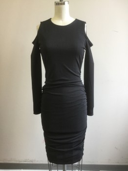 Womens, Dress, Long & 3/4 Sleeve, BAR III, Black, Polyester, Solid, XS, CN, Shoulder Cut Out, L/S, Gathered at Side Seams, Hem Below Knee