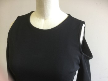 Womens, Dress, Long & 3/4 Sleeve, BAR III, Black, Polyester, Solid, XS, CN, Shoulder Cut Out, L/S, Gathered at Side Seams, Hem Below Knee