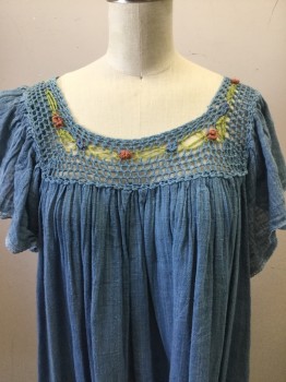 Womens, Dress, Short Sleeve, WHEEL, Slate Blue, Green, Terracotta Brown, Cotton, Solid, Floral, S, Round Neck with Crochet Fishermans Netting Bodice with Green and Flower Buds, Butterfly Sleeves, Muslin with Light Blue Lace Insets, Ruffled Bottom