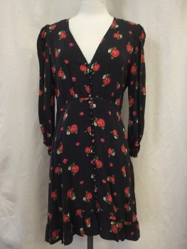 Womens, Dress, Long & 3/4 Sleeve, THE KOOPLES, Faded Black, Black, Red, Green, Gray, Viscose, Silk, Dots, Floral, L, Button Front, V-neck, Gathered Bust, Ruffle Hem,  Elastic Cuffs