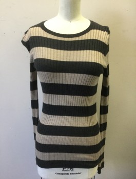Womens, Pullover, VINCE, Taupe, Faded Black, Rayon, Nylon, Stripes - Horizontal , S, Rib Knit, Long Sleeves, Scoop Neck, Fitted