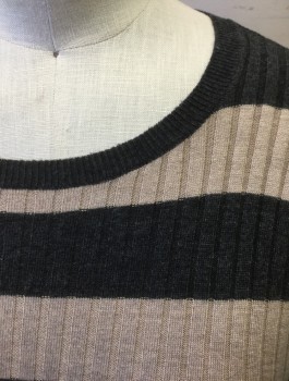 Womens, Pullover, VINCE, Taupe, Faded Black, Rayon, Nylon, Stripes - Horizontal , S, Rib Knit, Long Sleeves, Scoop Neck, Fitted