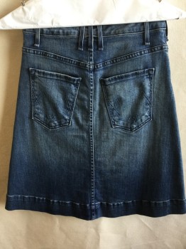 Womens, Skirt, Below Knee, MCGUIRE, Blue, Cotton, Spandex, Solid, 25, 1.5" Waist Band with Belt Hoops, Jean-cut, Large Silver Button Front, Creased Lines & Washed Out Front, Flair Bottom