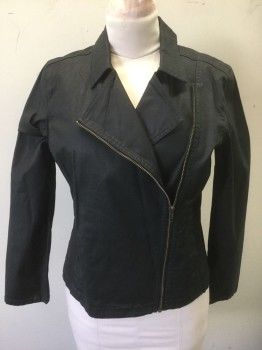 Womens, Casual Jacket, EILEEN FISHER, Black, Cotton, Spandex, Solid, M, Waxed Texture Cotton, Biker Style Jacket, Off Center Zip Front, Collar Attached, 2 Welt Pockets