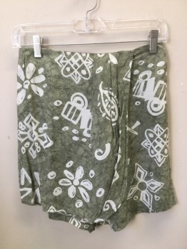 Womens, 1990s Vintage, Piece 2, STRAIGHT DOWN, Olive Green, White, Rayon, Novelty Pattern, S, Skort - White Batik Print ( Repair Needed at Fly Front)