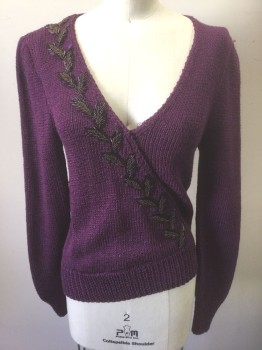 FERGUSON'S, Purple, Iridescent Purple, Cotton, Beaded, Solid, Leaves/Vines , Knit, Pullover, V-neck with Faux Wrapped Detail, Dark Purple Iridescent Seed Beads and Bugle Beads in Leaves Formation Diagonally in Front, Long Sleeves, Self Knit Shoulder Pads Inside,