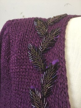 FERGUSON'S, Purple, Iridescent Purple, Cotton, Beaded, Solid, Leaves/Vines , Knit, Pullover, V-neck with Faux Wrapped Detail, Dark Purple Iridescent Seed Beads and Bugle Beads in Leaves Formation Diagonally in Front, Long Sleeves, Self Knit Shoulder Pads Inside,