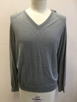 Mens, Pullover Sweater, J. CREW, Lt Gray, Cotton, Cashmere, Heathered, L, Ribbed Knit V-neck, Raglan Long Sleeves, Ribbed Knit Waistband/Cuff