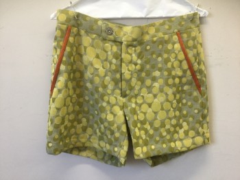 Mens, Swim Suit, N/L MTO, Lime Green, Chartreuse Green, Taupe, Orange, Polyester, Abstract , W:30, Swim Trunks, Lime/Chartreuse Overlapping Circles Pattern, Orange Trim on 2 Side Pockets, Zip Fly, Button Tab Waist, 4.5" Inseam, Made To Order