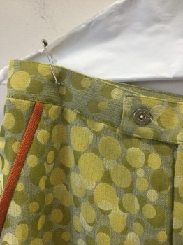 Mens, Swim Suit, N/L MTO, Lime Green, Chartreuse Green, Taupe, Orange, Polyester, Abstract , W:30, Swim Trunks, Lime/Chartreuse Overlapping Circles Pattern, Orange Trim on 2 Side Pockets, Zip Fly, Button Tab Waist, 4.5" Inseam, Made To Order