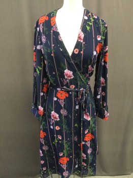 Womens, Dress, Long & 3/4 Sleeve, TED BAKER, Navy Blue, Raspberry Pink, Lavender Purple, Red, Pink, Silk, Floral, Stripes, 0, Cross Over Wrap Dress, 3/4 Sleeves, Red and White Stripe with Floral Print, Chiffon, Navy Silk Lining