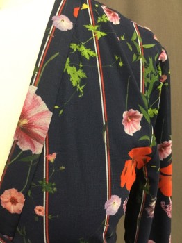 Womens, Dress, Long & 3/4 Sleeve, TED BAKER, Navy Blue, Raspberry Pink, Lavender Purple, Red, Pink, Silk, Floral, Stripes, 0, Cross Over Wrap Dress, 3/4 Sleeves, Red and White Stripe with Floral Print, Chiffon, Navy Silk Lining