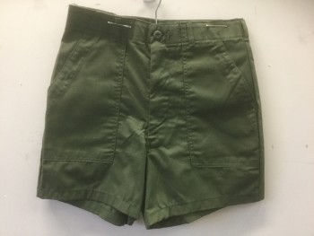Mens, Shorts, N/L, Olive Green, Poly/Cotton, Solid, W:31, Twill, Zip Fly, 4 Pockets, Belt Loops, 5.5" Inseam, Military Surplus